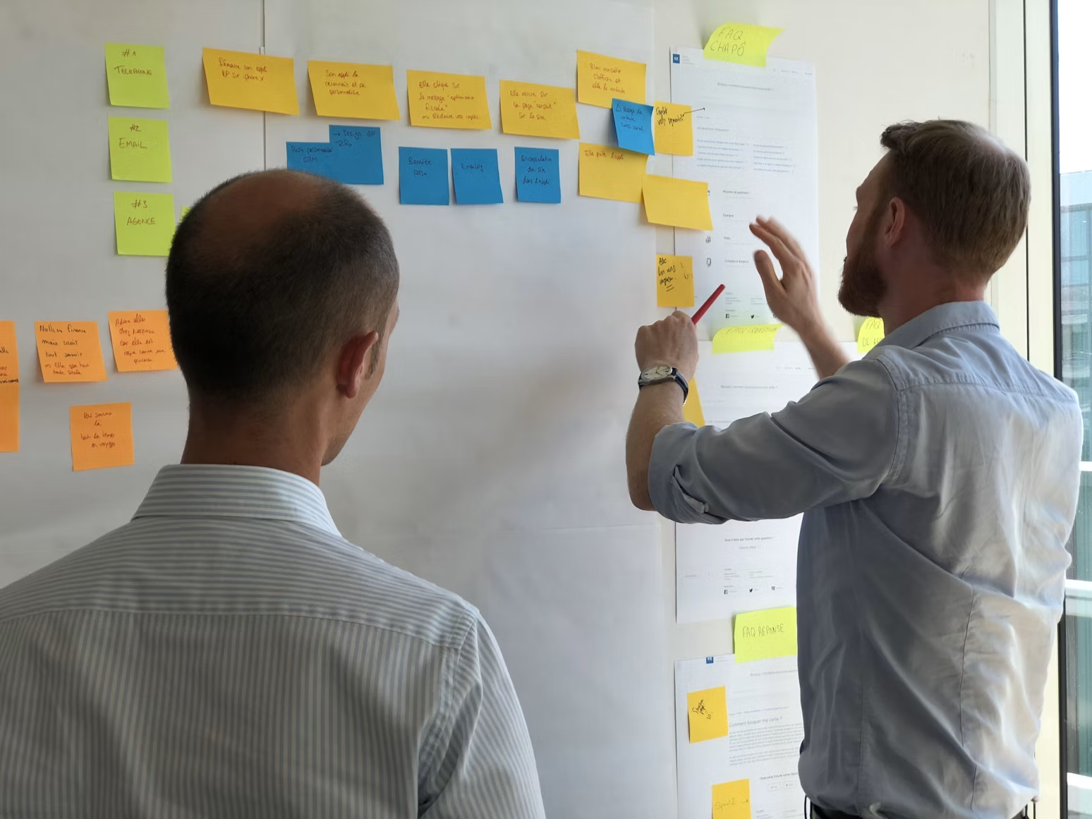 Team brengt gespreksstromen in kaart op een whiteboard