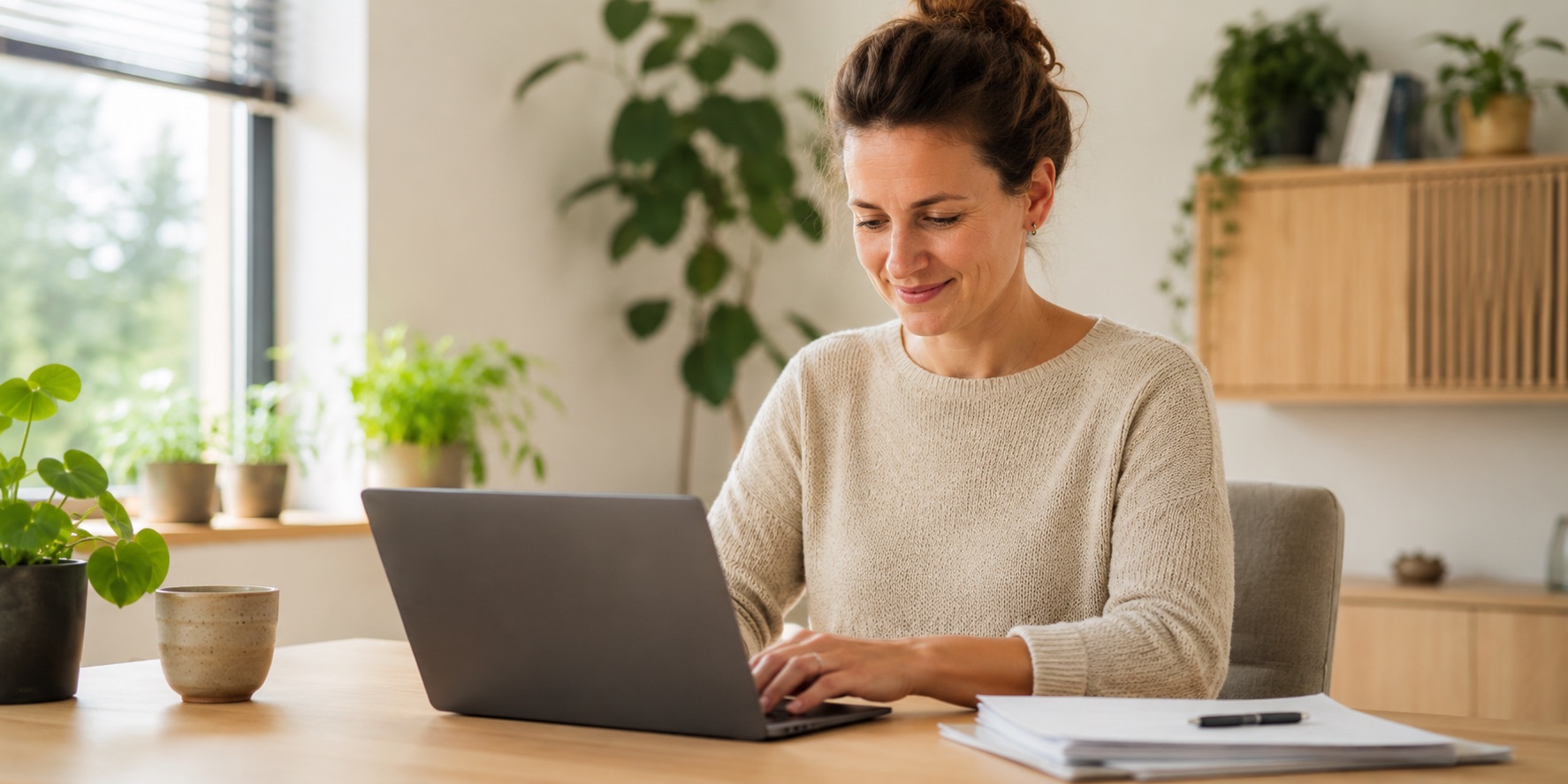 Huisarts werkt ontspannen administratie bij op een laptop
